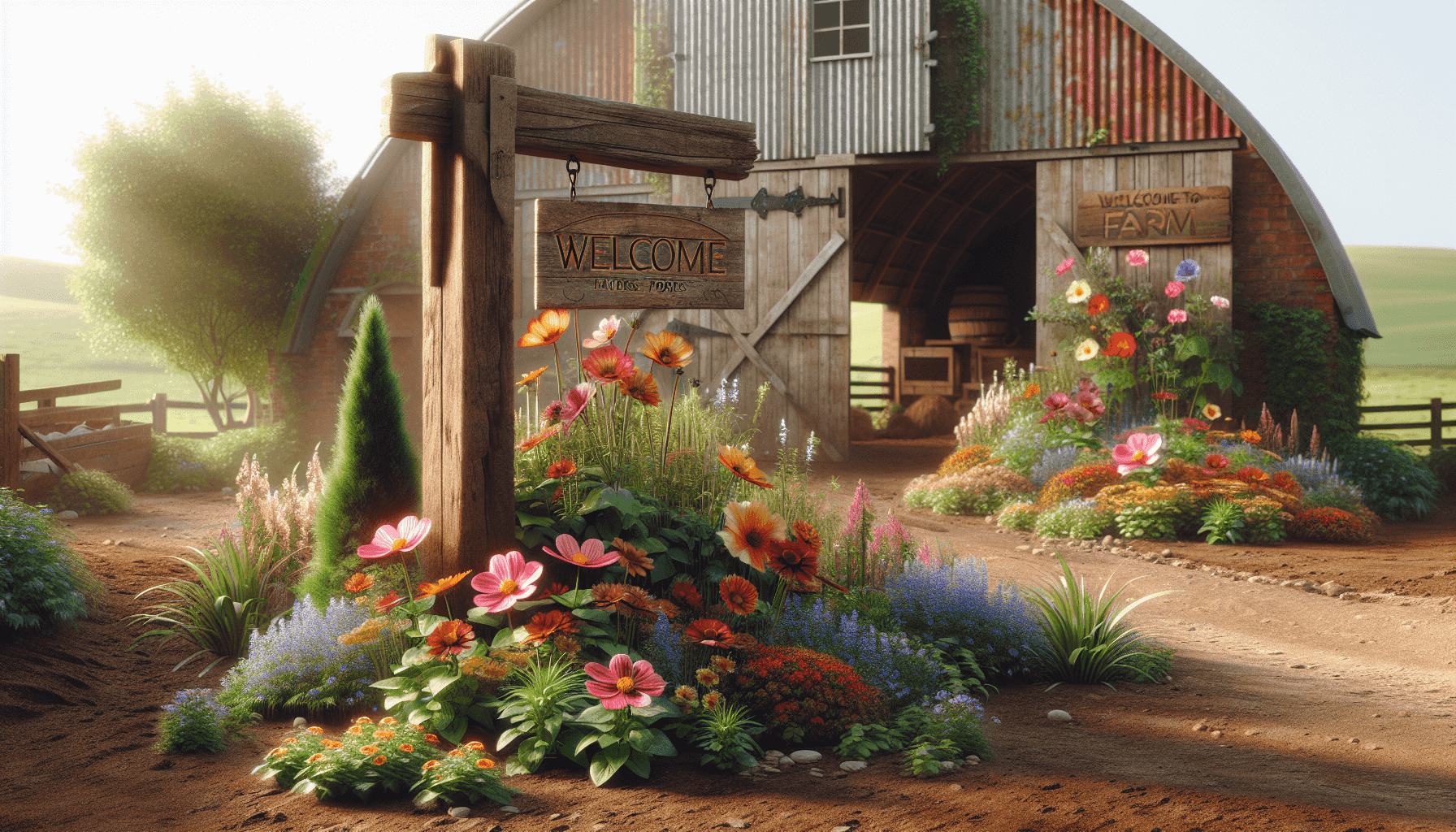 Ingang van de boerderij met bloemen