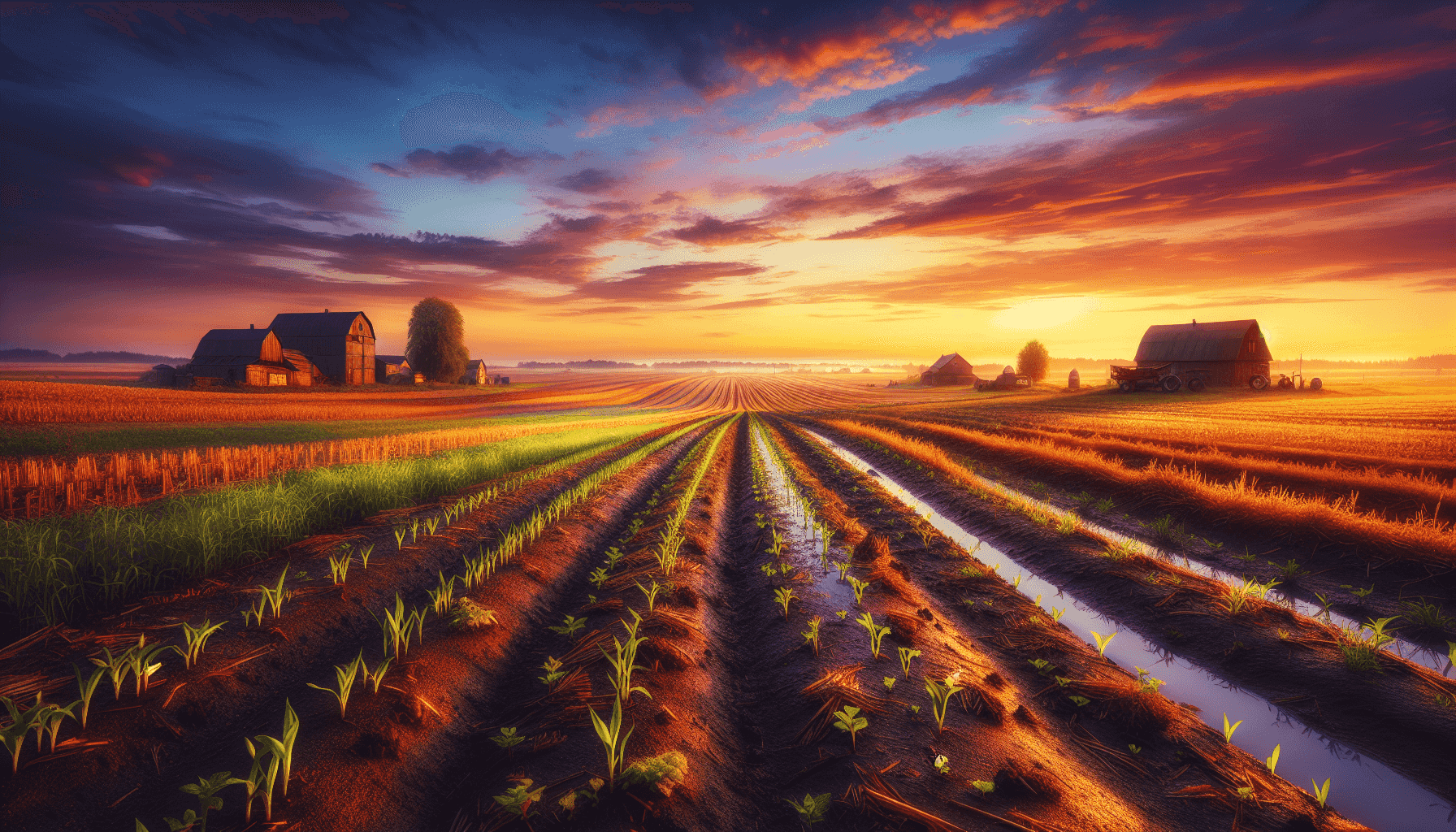 Boerderijlandschap bij zonsondergang
